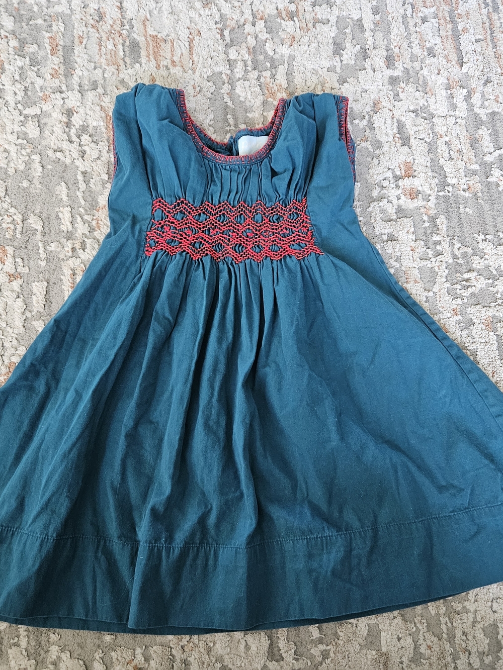 Peek Teal Dress with Red Smocked Waist